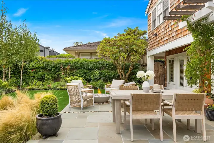 Room for 3 seating groups and a beautiful garden that is west facing.
