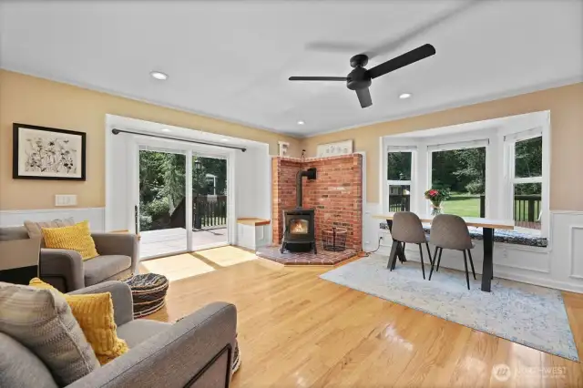 Living room w/pellet stove and slider to deck
