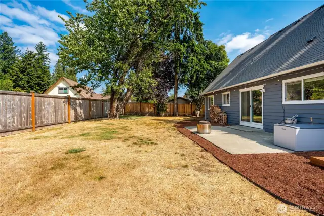 Large, level fully fenced backyard with patio