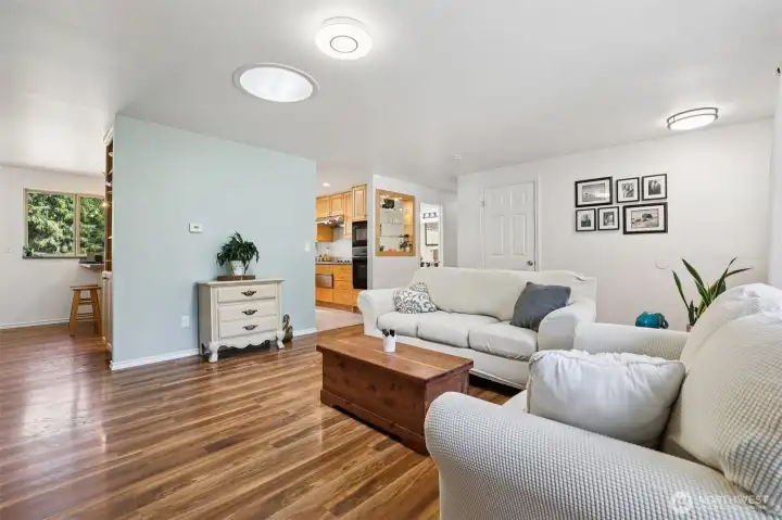 Spacious living room with sun tunnel skylight.