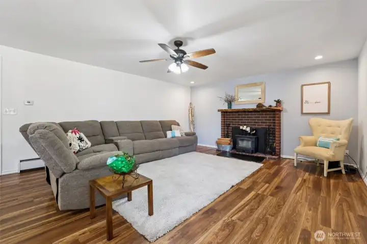 Generous family room with a wood stove insert will keep the house cozy on our cool days and nights.