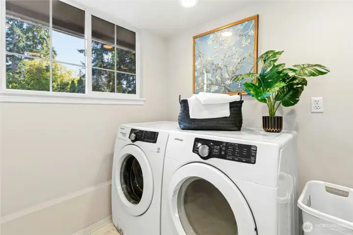 Large laundry room with extra storage and plumbing to add a utility sink. Washer and dryer stay with the home.