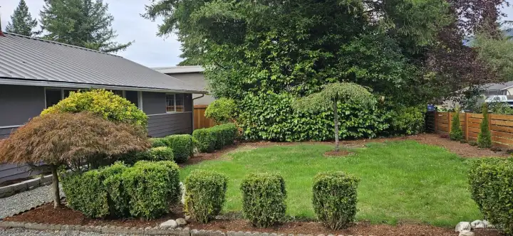 Lushly landscaped front yard