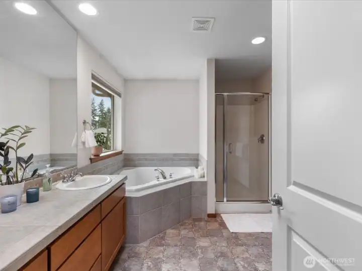 Walk into this spa like bathroom featuring a soaking tube, glass enclosed shower and elegant finishes bathed in natural light.