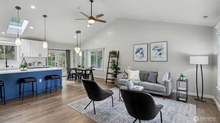 Open-concept living, dining and kitchen