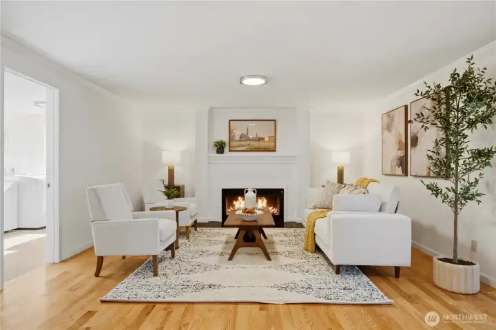 Comfortable gathering space centered around a cozy fireplace