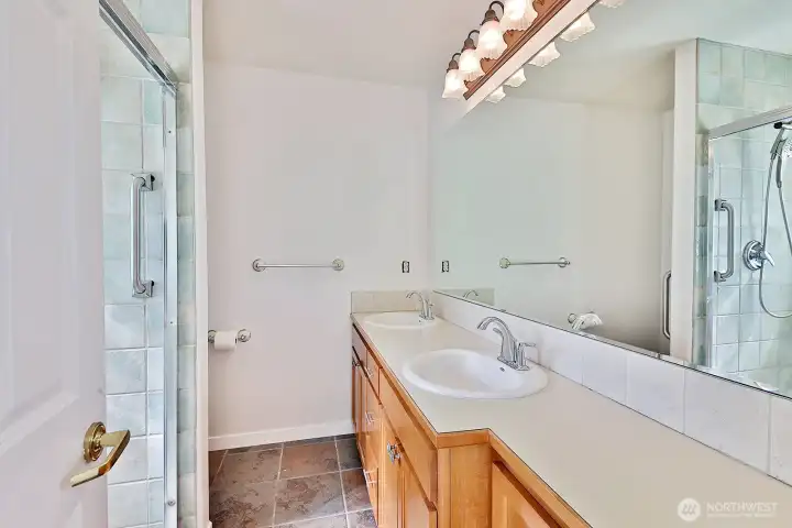Double sinks with oversized vanity.
