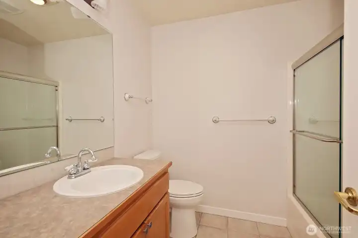 Hall bathroom is a full bath.