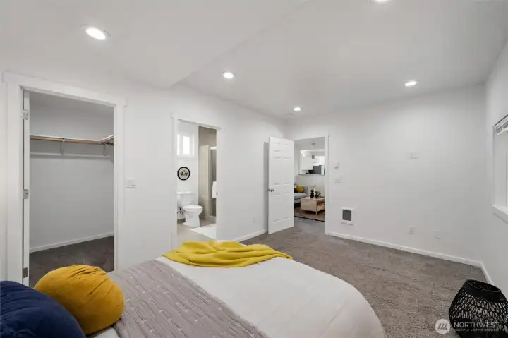 There is a large walk-in closet adjacent to the primary bathroom.