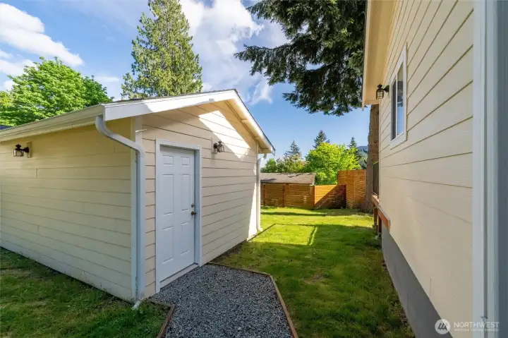 This storage shed/shop is just off the back yard and has power.