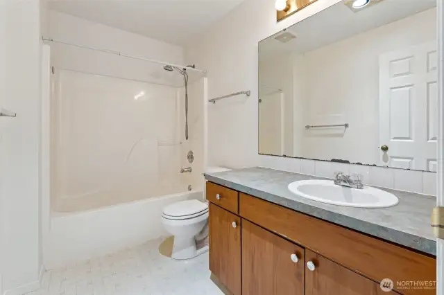 Main bathroom with shower/bathtub.