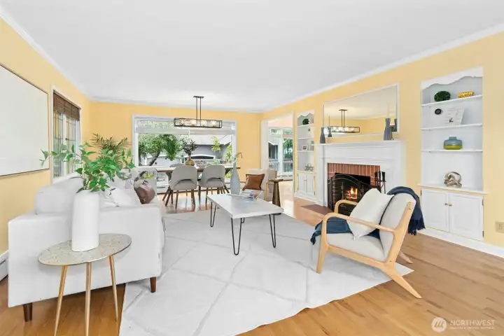 Light & Bright Living Room & Dining Room on Main with Built-ins and Fireplace