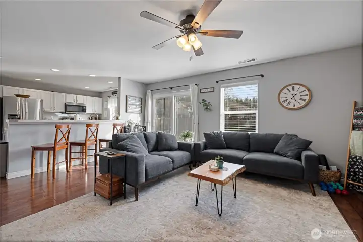 Great room with view of kitchen
