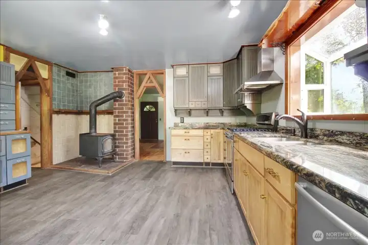 Wood stove in central location to home
