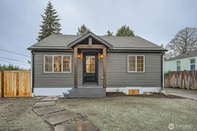 Front view, yard Hydroseeded, parking to the right