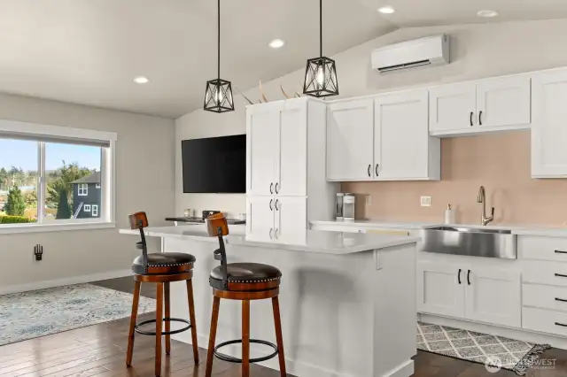 Kitchen in apartment with Quartz countertops
