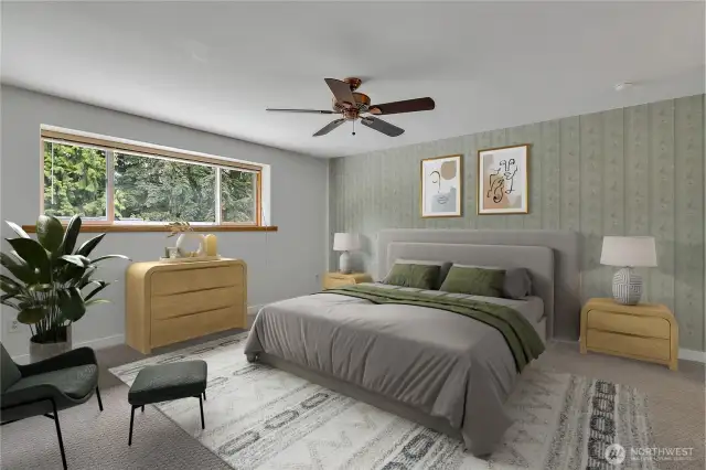 Primary bedroom on upper level.  Virtually staged.