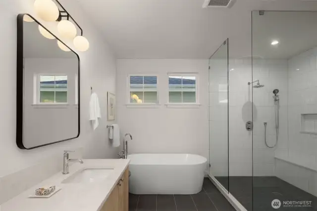 Retreat to the spa-like bath with luxe soaking tub.