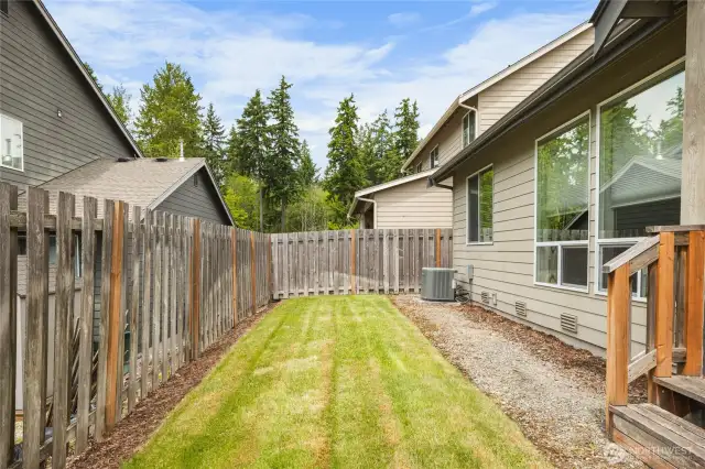 Private backyard with full fencing, lush lawn, and room for play, pets, or outdoor living.