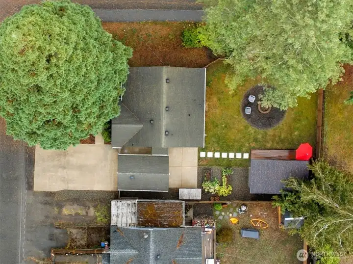 Bird’s-eye view of this charming Bremerton rambler and its beautifully reimagined outdoor spaces