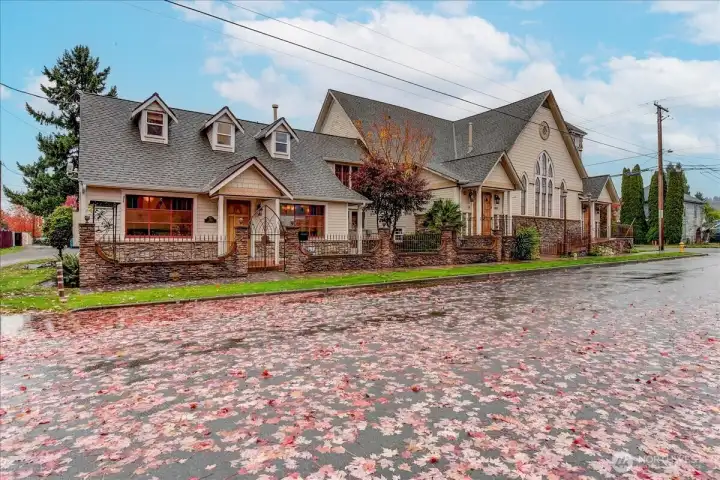 Front of building. Residence on left, chirch/ event venue on the right.