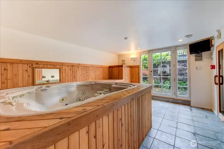 8 person hot tub, access to the sauna and back yard.