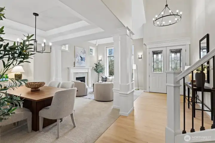 Front living area feels so spacious with high ceilings, new fixtures, elegant millwork.