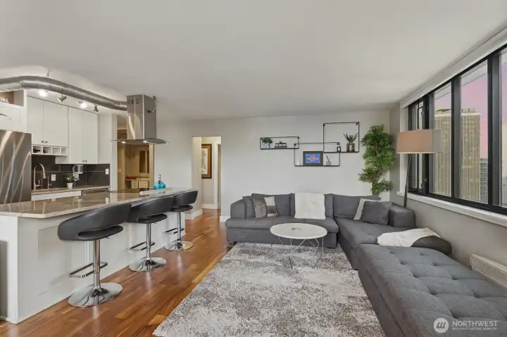 Living spaces flow effortlessly together for easy day-to-day or hosting friend groups of any size.