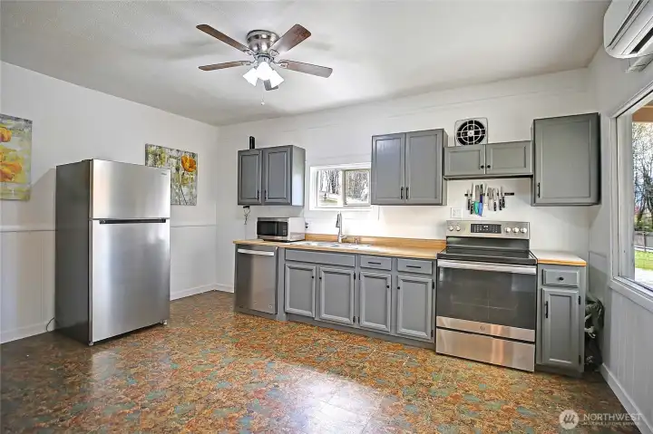 Freshly painted cabinetry.