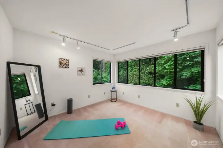 Bonus room flex space is perfect for a home office, nursery, or yoga and meditation space. Over looks the trees and feels so Zen.