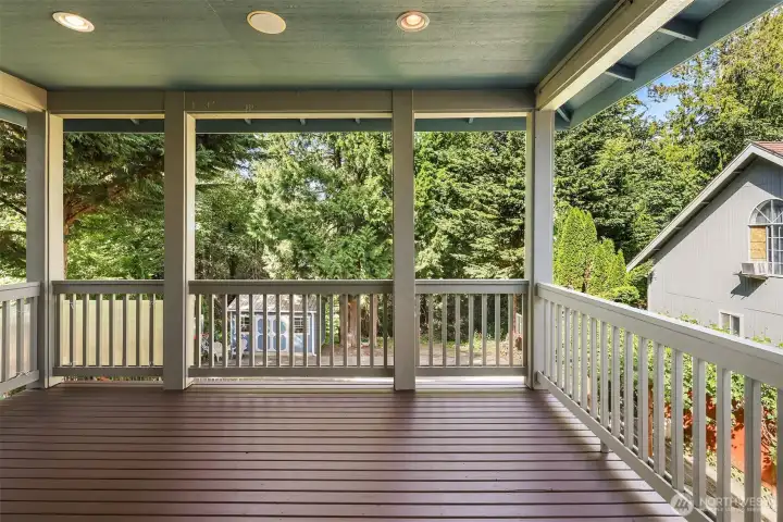 Rear covered patio deck. Screens on either side.