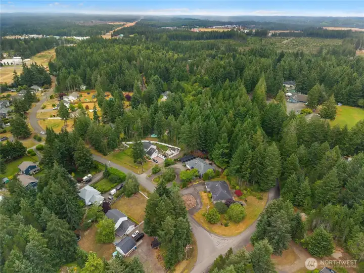 Elevated aerial captures the surrounding neighborhood and abundant Pacific Northwest greenery. Elevated aerial captures the surrounding neighborhood and abundant Pacific Northwest greenery.