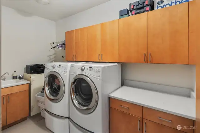 Large laundry room with sink and tons of storage