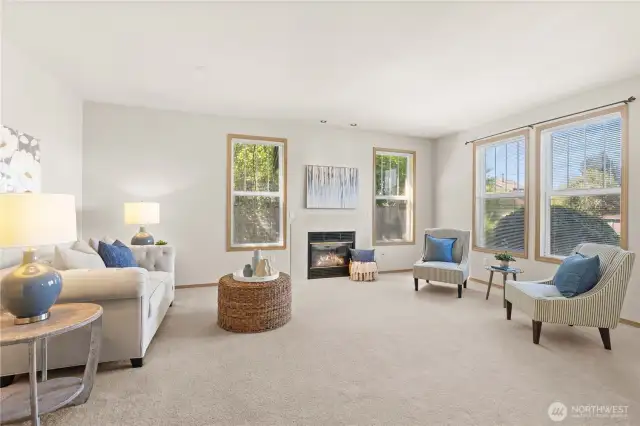 Light filled living room as you enter through the front door