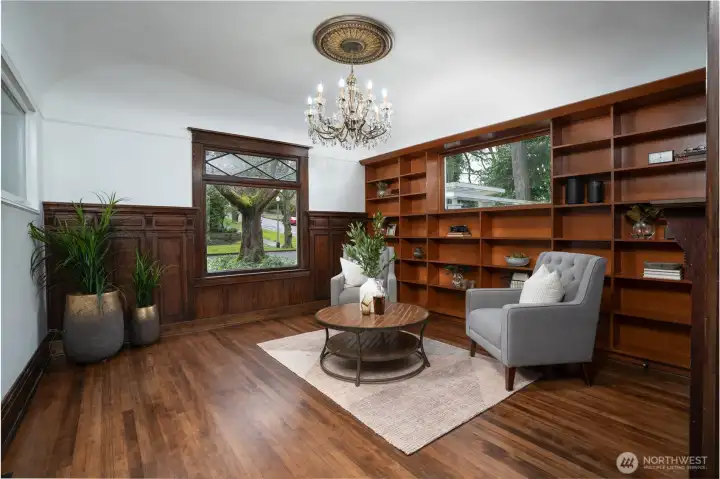 The library is just off of the main entrance and has access to the enclosed porch, deck and Gazebo.