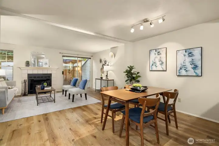 The view from the kitchen into the dining and living areas