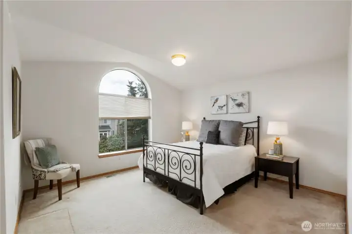 Primary bedroom with vaulted ceilings.
