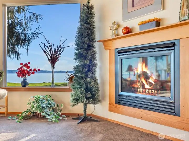 Propane fireplace in sunken living room to unwind after a full day of living.