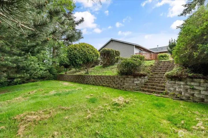 Terraced backyard gives multiple areas for recreation.