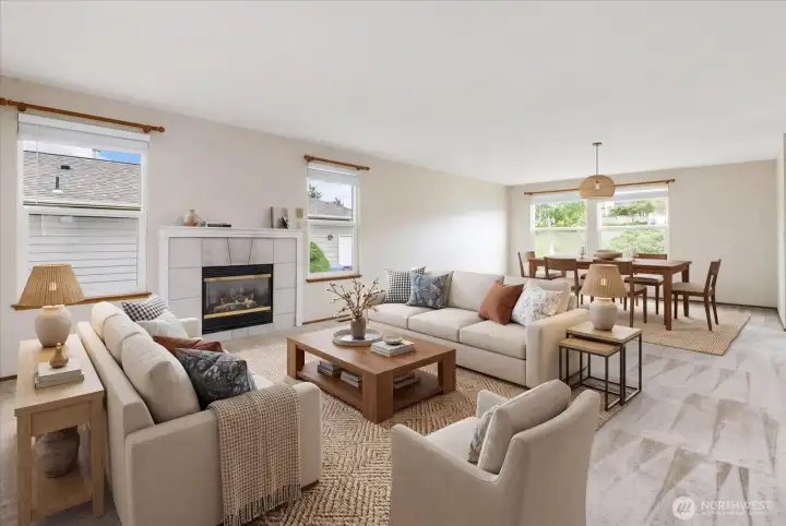 Large expansive living room with gas fireplace allows for multiple uses and configurations!