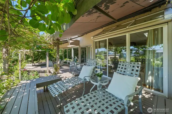 The new 2024 deck wraps the back of the home with multiple living zones — chaise lounges bask in dappled shade from the kiwi vine pergola while the glass breakfast room and living room sliders keep indoor and outdoor life effortlessly connected.