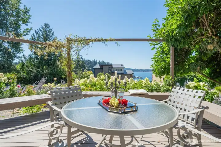 This is the moment the Ohashi landscaping earns every dollar — blooming hydrangeas, lavender, and climbing vines frame a Lake Washington view that makes every meal on this deck feel like a occasion. The pergola above adds just enough structure without taking anything away from the sky.