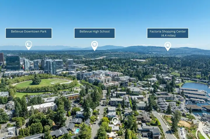 One mile to Downtown Bellevue and Bellevue Square, with the gleaming towers of the Pacific Northwest's most dynamic urban core visible on the horizon. Ascend Prime, John Howie Steak, Takai by Kashiba, The Bravern's luxury retail — all within a mile of your front door.