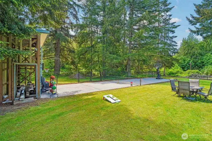 Enjoy back yard BBQ's with lots of space to roam around. The structure could be finished for additional storage, or redo the old batting cage!