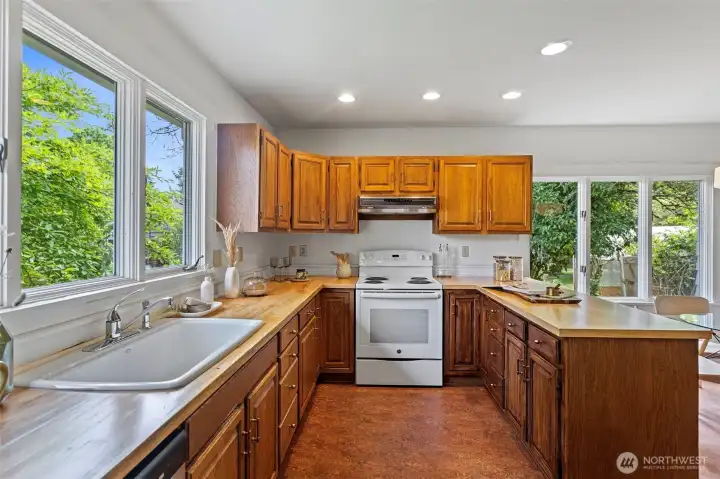 Kitchen overlooks peaceful backyard.