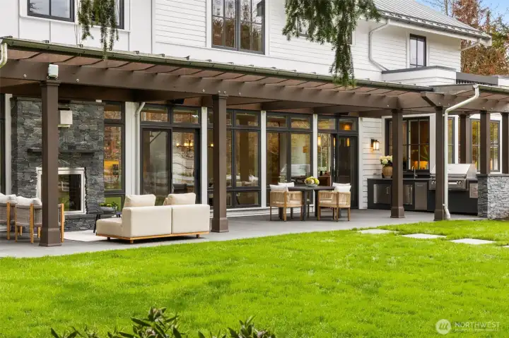 Relax on the slate terrace by the fireplace.