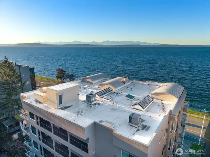In this photo, you can clearly see the expansive skylights centered atop the building, highlighting the unique advantages of this top-floor penthouse unit. These oversized skylights flood the home with natural light throughout the day, creating the bright, airy atmosphere that sets this residence apart.
