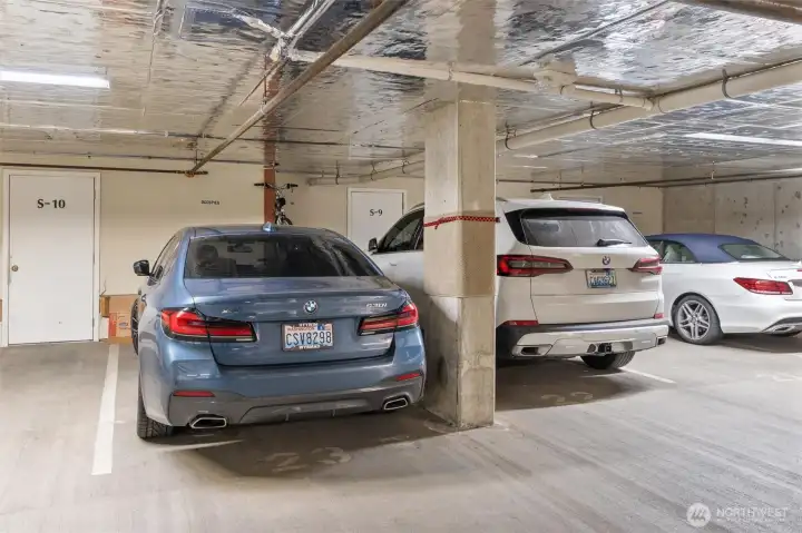 Two side-by-side parking spaces (#22 and #23) in the parking garage provide rare convenience and ease of access. In addition, dedicated storage (S-9) is located directly in front of your parking stalls, offering highly functional extra space for seasonal items, gear, and everyday essentials—all just steps from your vehicle.