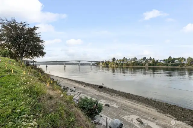 Community beach with views of Washington Narrows, Manette Bridge and Warren Avenue Bridge