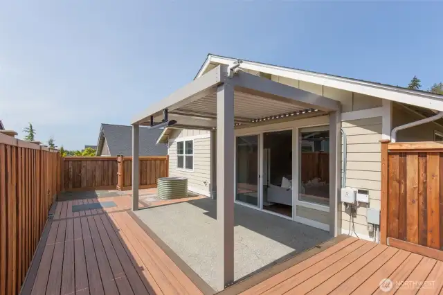Enjoy spending time on this sunny patio with a Motorized Pergola + electric heater for cooler days and evenings.